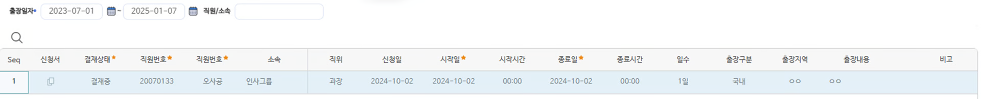 출장현황 화면 — 출장일자·직원 검색 조건과 결재상태별 출장 목록