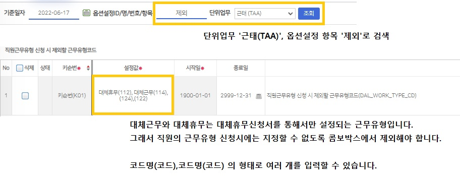 옵션설정에서 대체근무·대체휴무 근무유형을 제외 코드로 등록한 화면