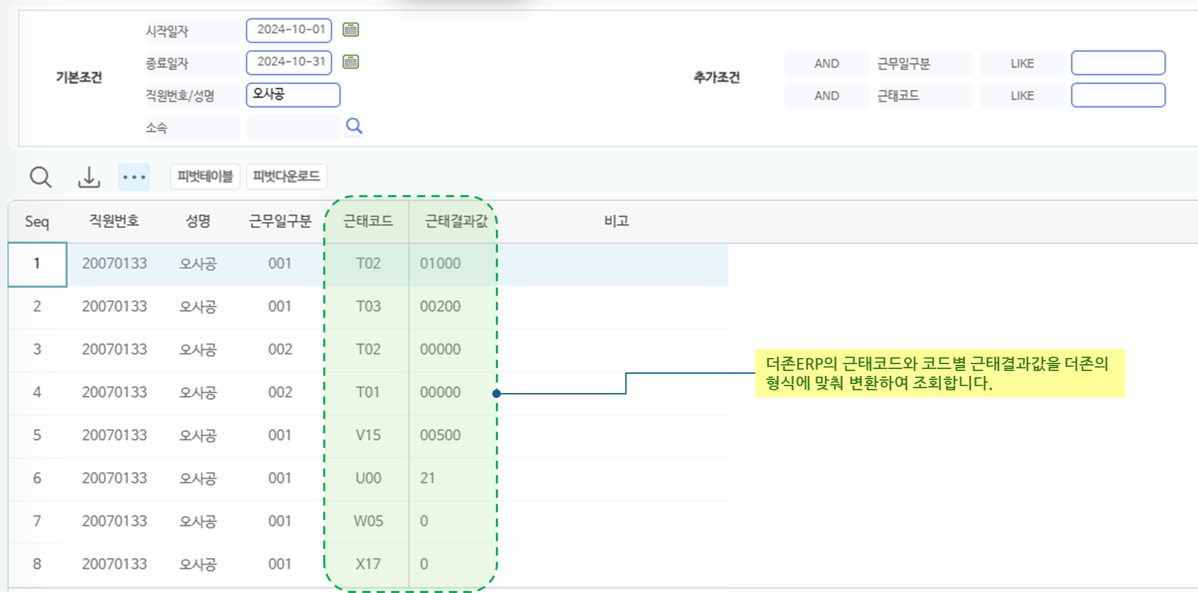 더존업로드용 OT현황 화면 — 더존ERP 근태코드로 변환된 근태결과값 목록
