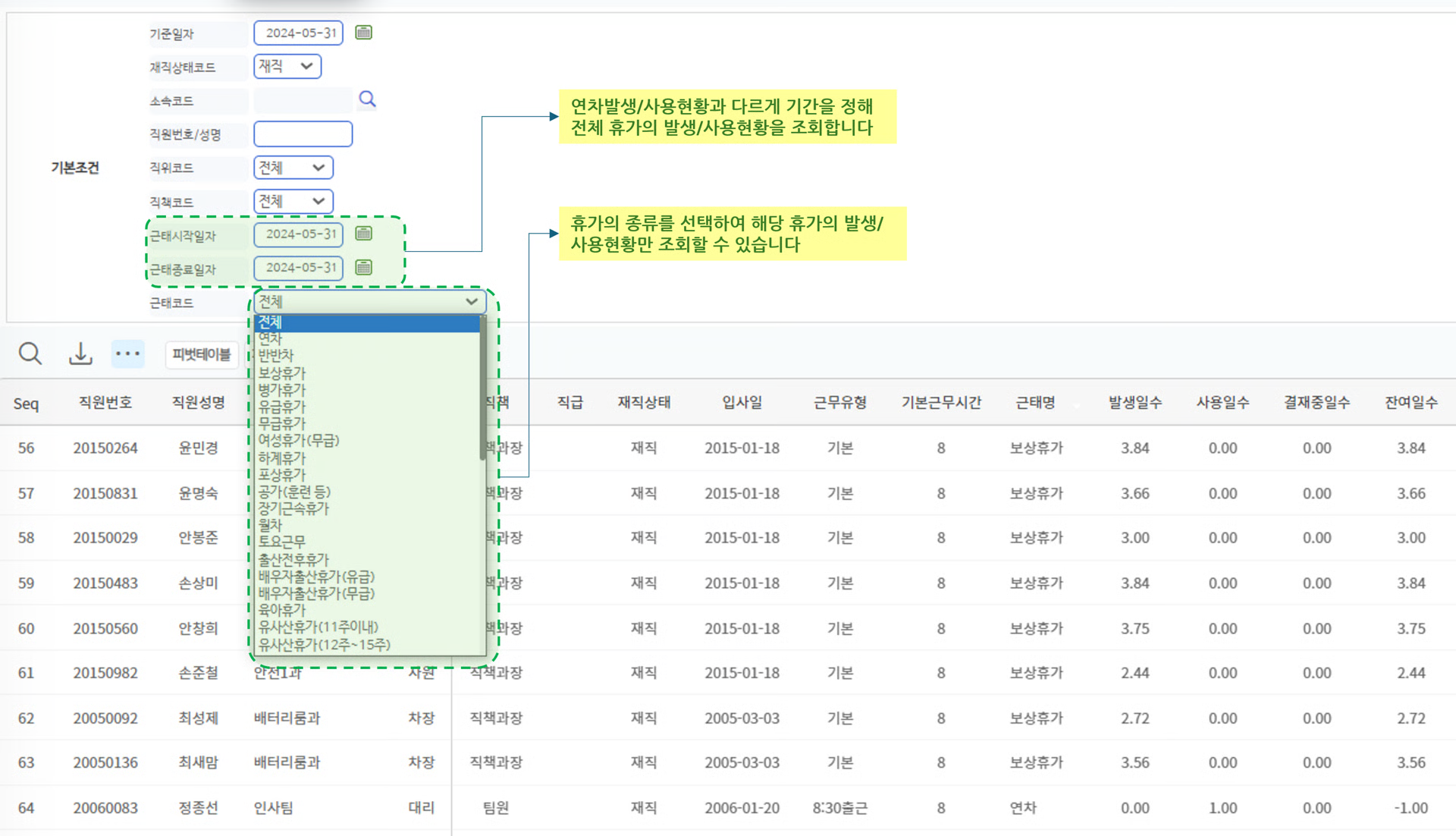 휴가발생/사용현황 화면 — 근태기간·근태코드 조건과 발생·사용·잔여일수 목록