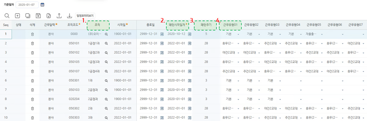 근무유형패턴설정 화면 — 조직·시작일·패턴시작일자·패턴주기와 근무유형01~07 순서 목록
